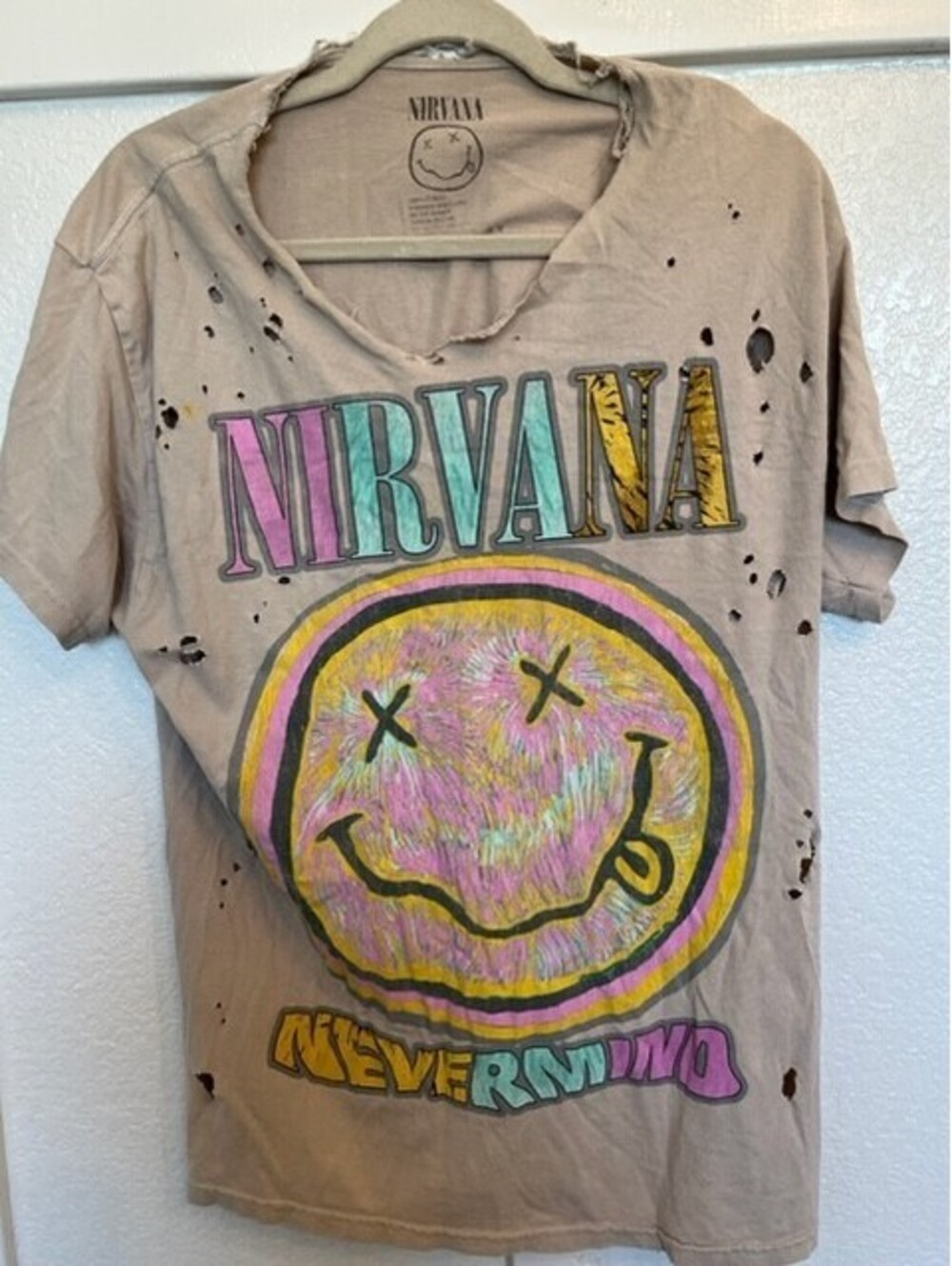 Nirvana T-Shirt With Colorful Smiley Face Graphic & Weathered Raw Edge Details